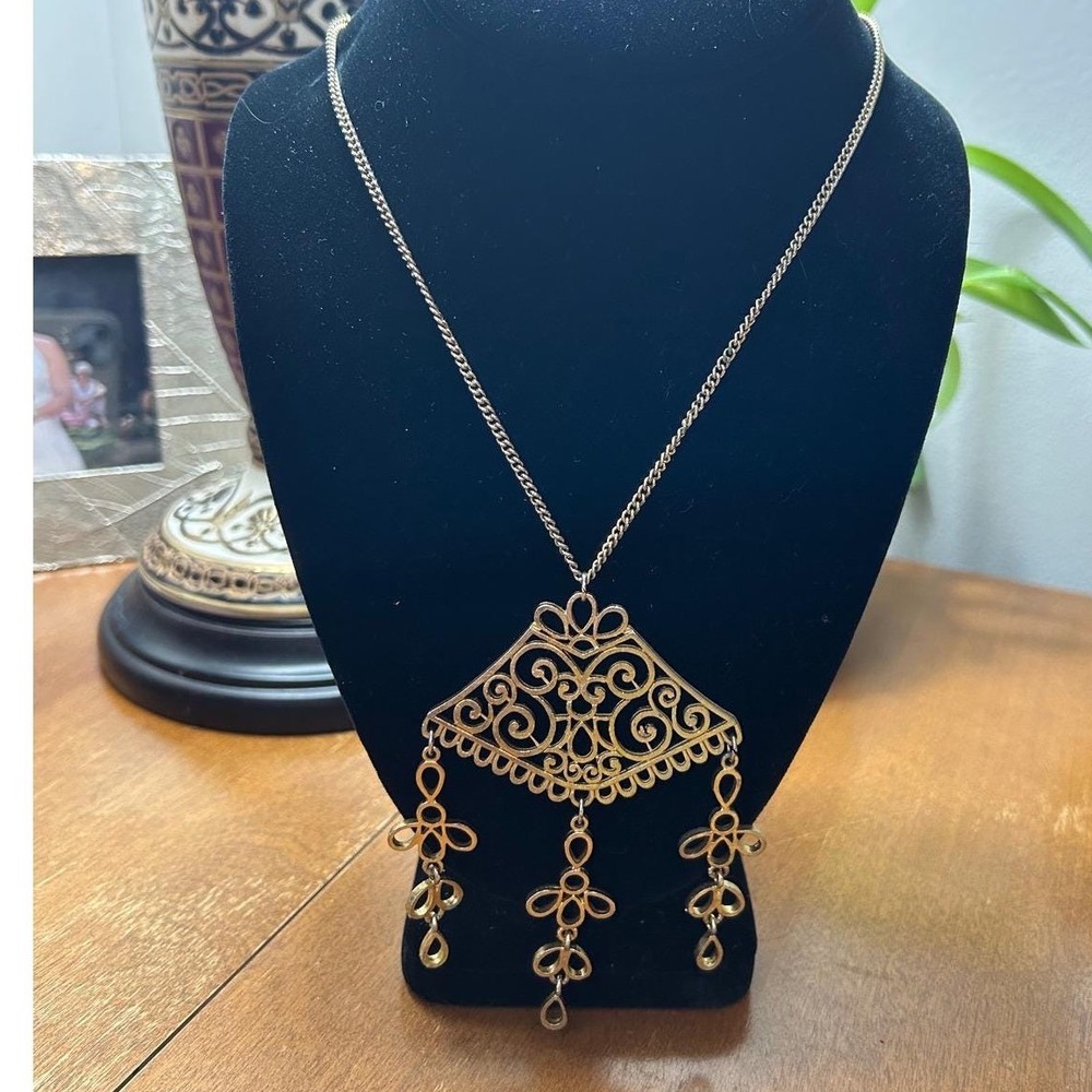 Vintage Gold Tone Filigree Statement Necklace Boho Chandelier Pendant on Chain